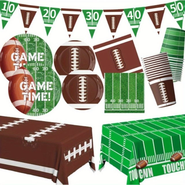 Einweggeschirr Set Rugby Motiv für 10 Personen, Pappteller Servietten und Tassen in Braun und Multicolour - Bild 1