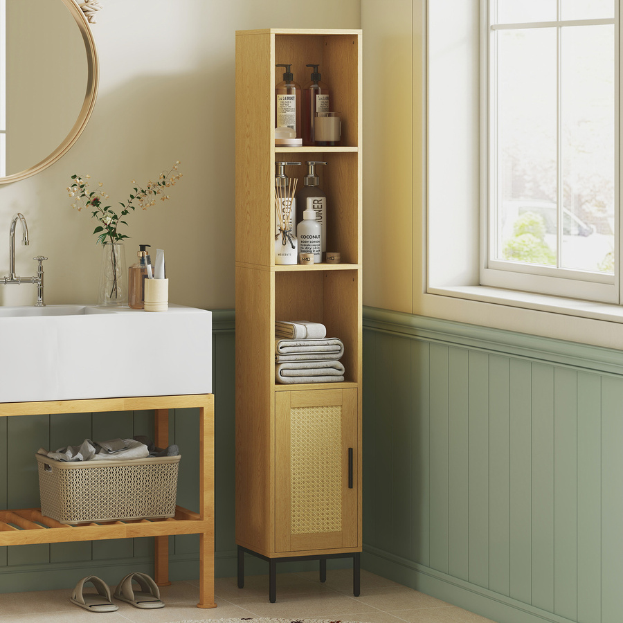 HOMCOM Badezimmerschrank als schmaler Hochschrank mit PE-Rattan Tür und 3 offenen Fächern, Beige, B/T/H: 30 x 30 x 164 cm - Bild 2
