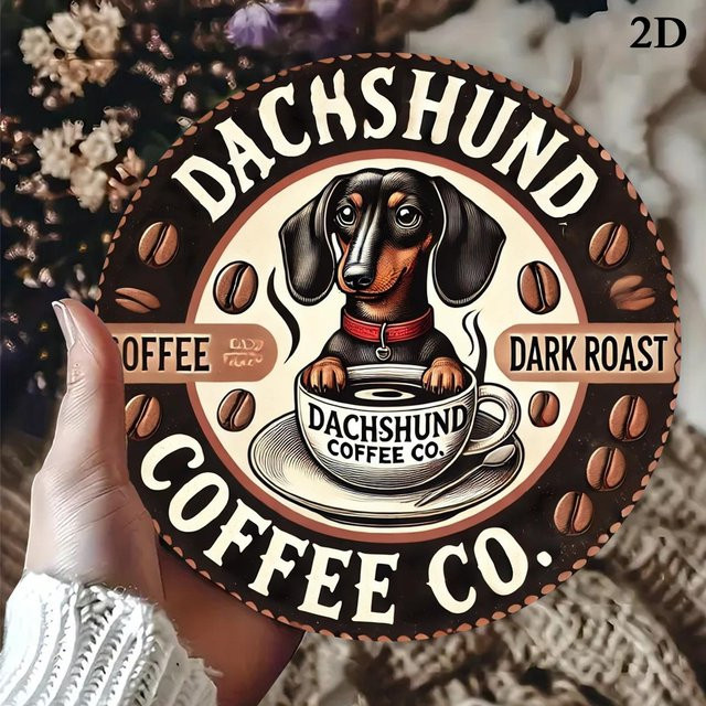Dackel Coffee Co. Rundes Metallschild im Vintage-Design, Wandkunst aus Aluminium in Mehrfarbig, Durchmesser: 20 cm - Bild 1