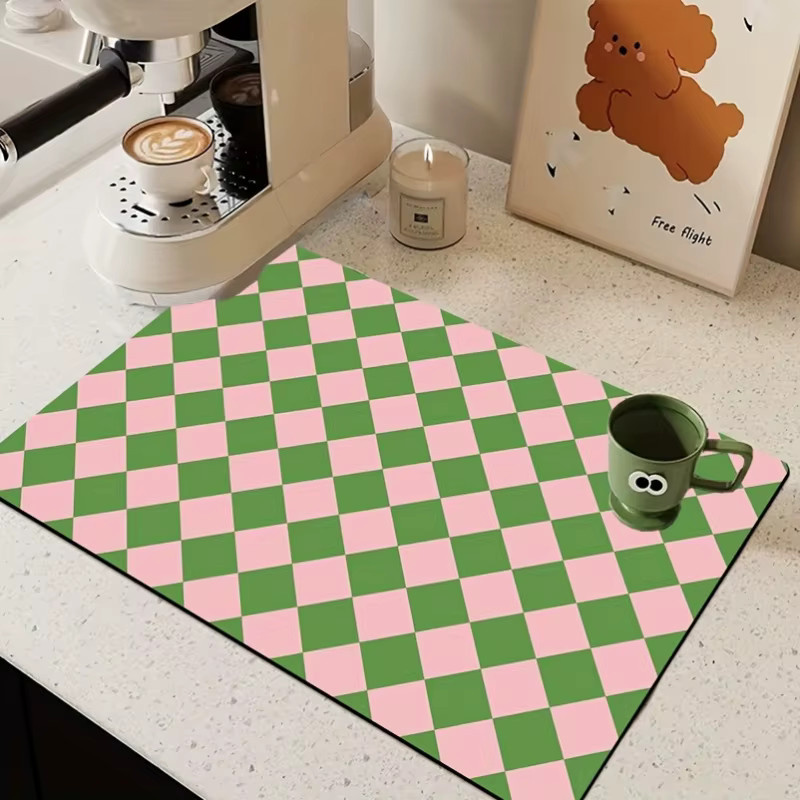 VIKAMA Küchenablaufmatte mit Schachbrettmuster in Multicolour, saugfähige und rutschfeste Geschirrtrockenmatte für die Arbeitsplatte oder als Kaffeemaschinenmatte - Bild 2