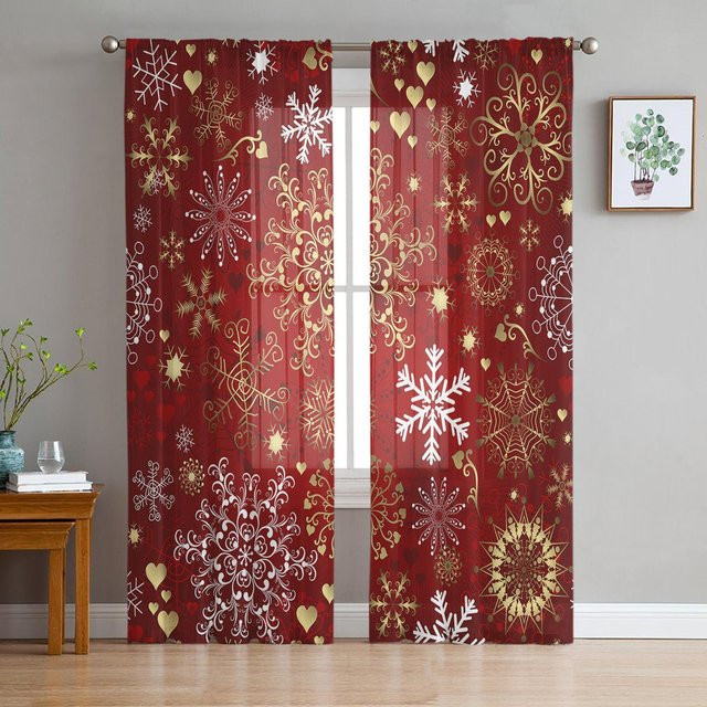 Weihnachts-Schneeflocken Vorhang aus Tüll und Organza in Rot und Transparent, B: 135 cm, H: 115 cm - Bild 1
