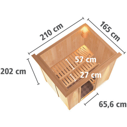 Karibu Sauna Kircholm aus Fichtenholz in Beige inklusive 3,6 kW Saunaofen mit externer Steuerung für 3 Personen, B/T/H: 202,0 x 165,0 x 210,0 cm - Bild 2