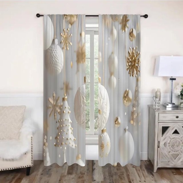 Weihnachtsvorhänge in Weiß und Gold mit Schneeflockenornamenten, 2 Paneele mit 3D-Druck, B/H: 50 x 60 cm - Bild 1