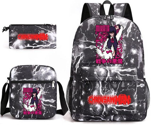 Chainsaw Man Anime Schulrucksack Set von Bandai in Schwarz bestehend aus Rucksack, Umhängetasche und Federmäppchen für Teenager und Kinder - Bild 1