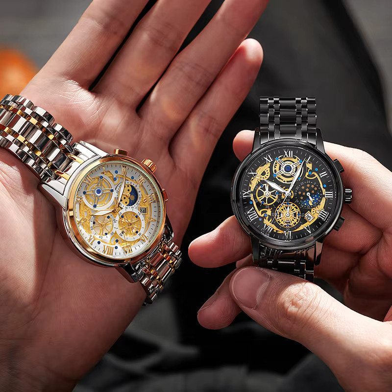 LIGE Chronograph Armbanduhr, Quarz, Edelstahl, Gold, Herren - Bild 5