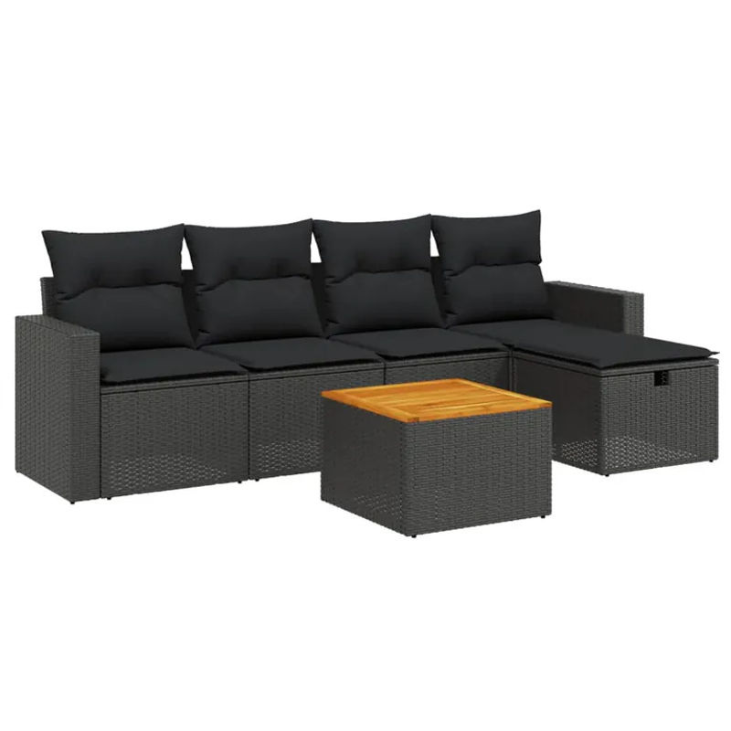 vidaXL 6-tlg Garten-Sofagarnitur aus Poly-Rattan und Akazienholz in Schwarz mit Kissen Modell 192 - Bild 2