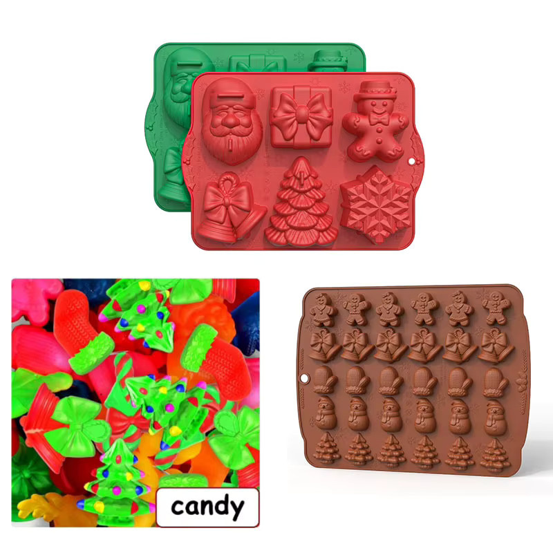 Silikon-Backformen-Set für Weihnachten mit Motiven wie Weihnachtsmann, Baum und Schneeflocke in den Farben Braun und Rot für Kekse, Schokolade und Candy DIY - Bild 3