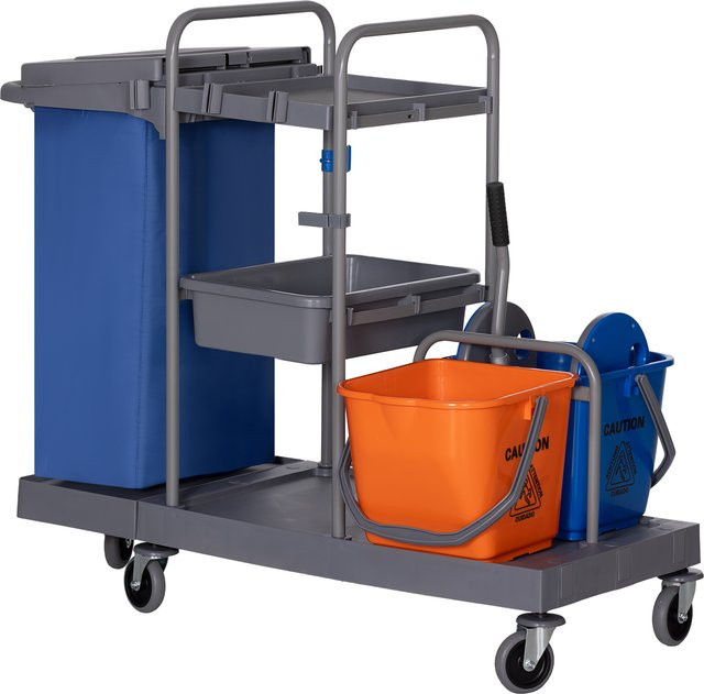 HOMCOM Reinigungswagen mit 3 Ebenen und Presse, 2x18l Eimer und Abfallsack in Grau, Blau oder Orange - Bild 1