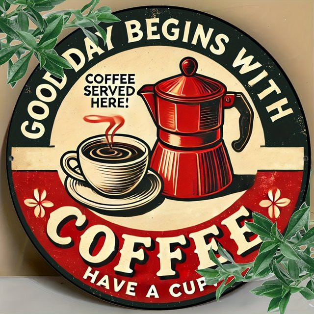 Potdemiel Rundes Vintage-Aluminiumschild Good Day Begins With Coffee in Multicolour, Durchmesser: 19,81 cm - Bild 1