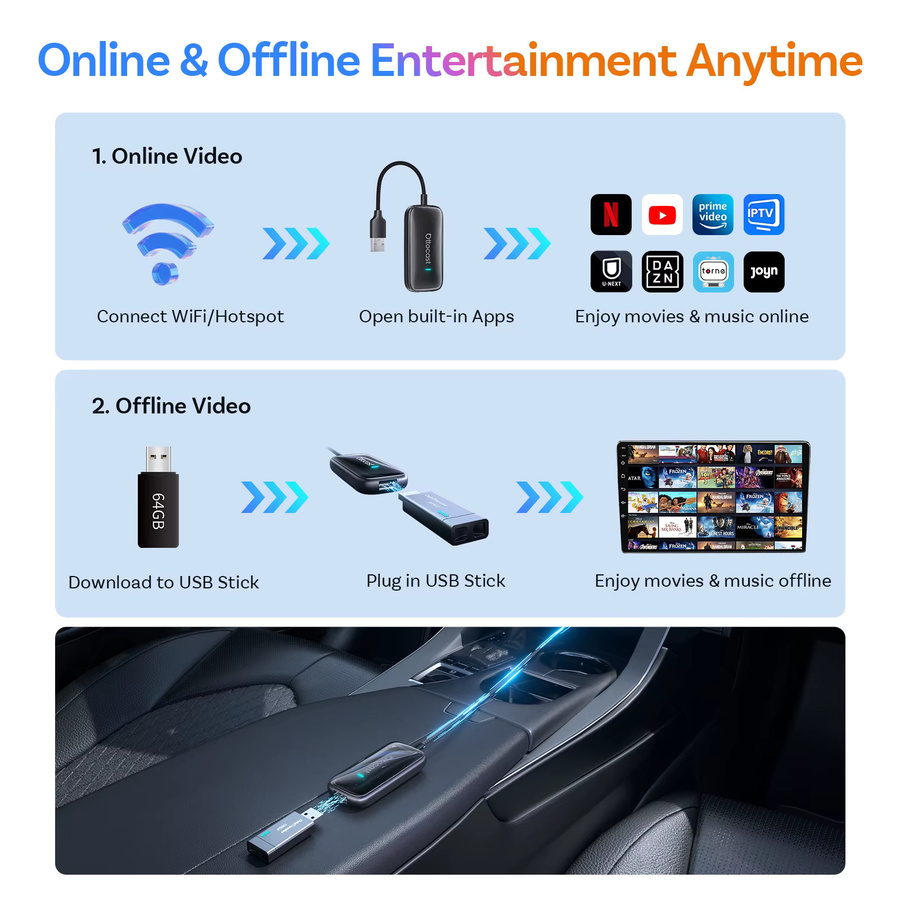 Ottocast Play2Video Ultra Mini WiFi6 AI Box Carplay Adapter mit Android Auto und App-Installation für Audi, Schwarz - Bild 4