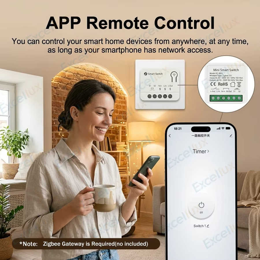 Excellux Zigbee 3.0 Mini Smart DIY Schalter Relais Modul für Smart Home Automatisierung, 10A/16A, Weiß, Kompatibel mit Tuya und Smart Life (Z2M Gateway erforderlich) - Bild 2
