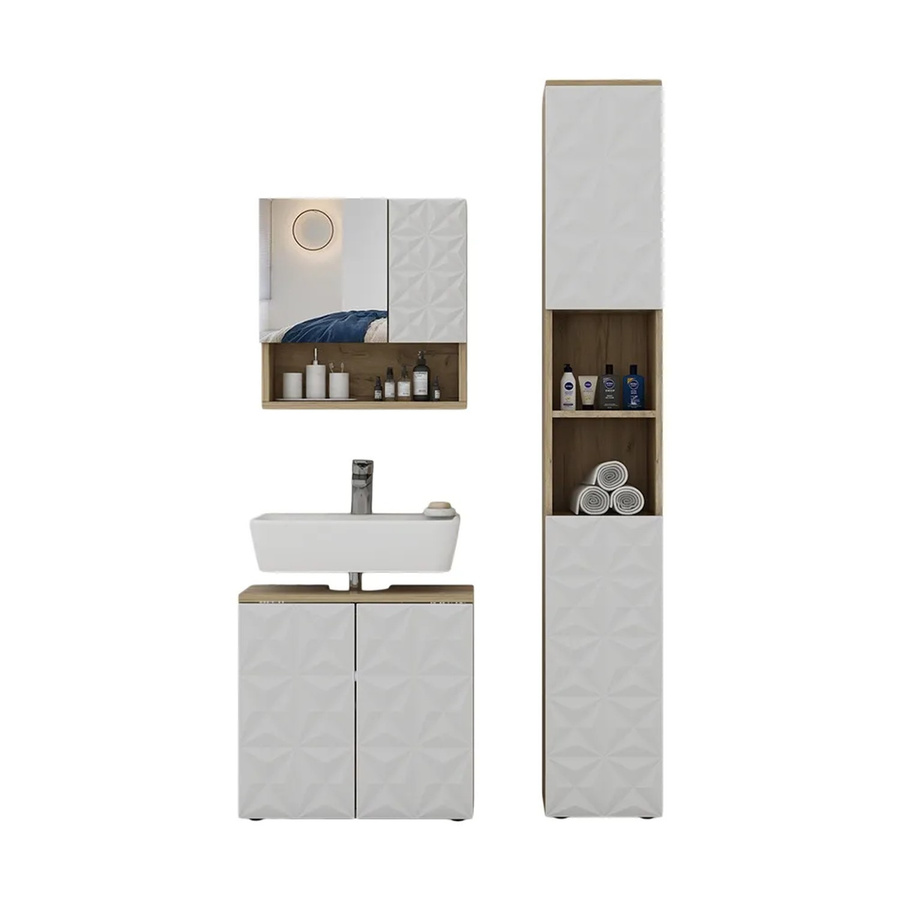 Vicco Badmöbel-Set Edge in Weiß und Eiche bestehend aus 3 Teilen mit Hochschrank, Spiegelschrank und Waschbeckenunterschrank - Bild 3