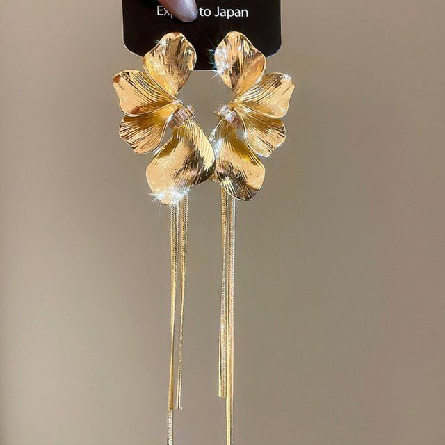 UOSU Ohrringe, Gold, Punk, Blumen, Ginkgo Biloba Blatt, Quasten - Bild 1