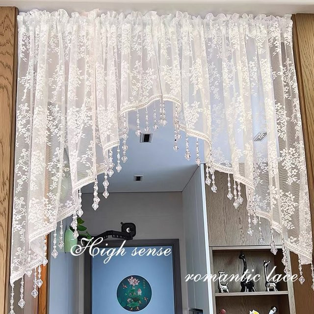 WPKIRA Vintage-Spitzen-Halbvorhang in Weiß mit perlenbesetztem Dreiecksdesign und floralem Muster für Schlafzimmer und Küche, Breite: 90 cm, Höhe: 200 cm - Bild 1
