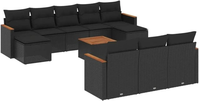 vidaXL 11-tlg Garten-Sofagarnitur aus Poly-Rattan und Akazienholz in Schwarz mit Kissen - Bild 1