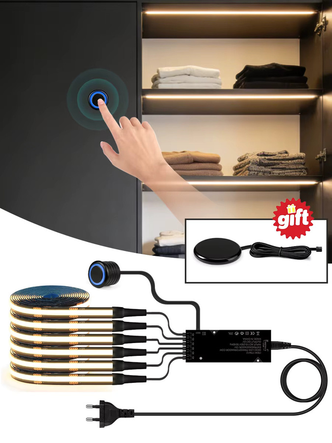 AIMENGTE Mehrkanaliges COB LED-Streifenset mit schwarzer Leiterplatte, dimmbarer Berührungsschaltung und Sensorschalter für Schrank und Möbel - Bild 5