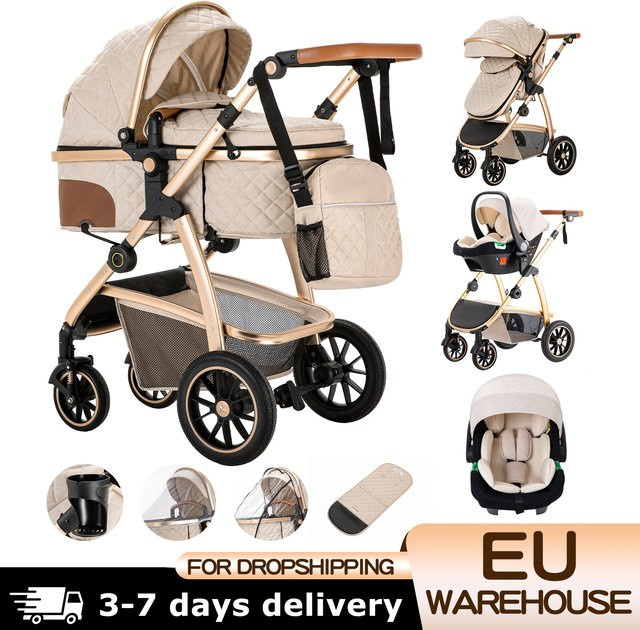3-in-1 Reisekinderwagen mit höhenverstellbarem Griff und Moskitonetz aus Aluminium in Schwarz oder Beige - Bild 1