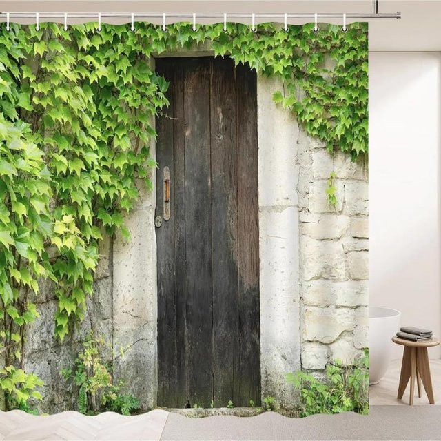 Steinhaus Duschvorhang Vintage Scheune mit grünen Blättern und Rankenpflanzen aus Polyester, B: 120 cm, H: 180 cm - Bild 1