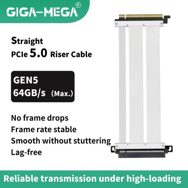 GIGA-MEGA PCIe 5.0 Riser-Kabel, Gerade, Schwarz, PCIe 5.0 x16 mit 64GB/s Geschwindigkeit, kompatibel mit RTX5090/RX9070 und PCIe 4.0 - Bild 1