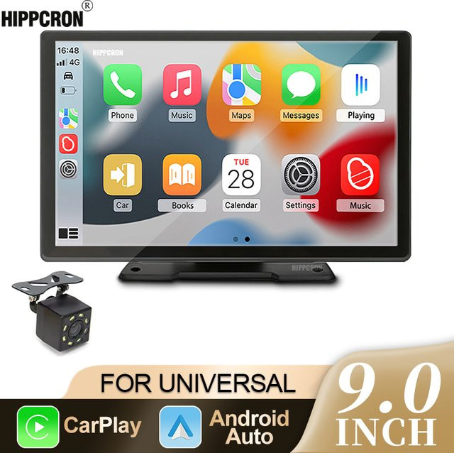 Hippcron 9-Zoll Tragbarer Auto-Multimedia-Videoplayer mit Wireless CarPlay und Android Auto, Touchscreen und FM-Signalübertragung, Schwarz - Bild 1