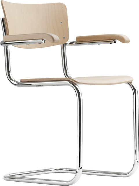 Thonet S 43 F Freischwinger mit Armlehnen aus Metall und Holz in Silber, Braun und Beige - Bild 1