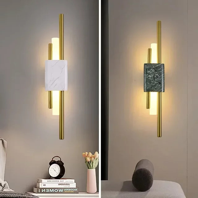 Moderne LED Wandleuchte aus Marmor in Grün und Weiß mit goldenem Design für Wohnzimmer, Schlafzimmer und Flur, 6W Warmweiß - Bild 1