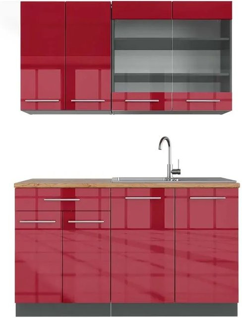 Vicco Fame-Line Singleküche Bordeaux Hochglanz und Anthrazit mit Eiche-Elementen, Breite: 140 cm - Bild 1