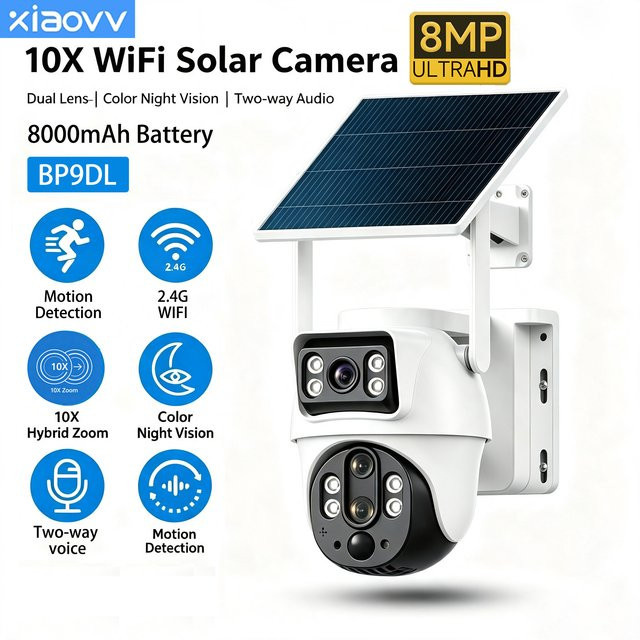 XIAOVV Solar WLAN PTZ-Kamera mit Doppellinse, 8MP Auflösung, 10-fach Zoom, PIR-Tracking, Dual-Bildschirm, Nachtsicht und Zwei-Wege-Kommunikation, weiß - Bild 1