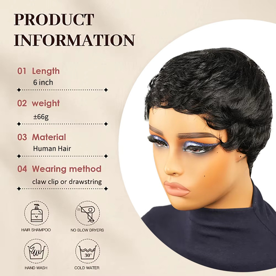 OYM HAIR Pixie-Schnitt-Perücke, Echthaar, brasilianisches Remy-Haar, gerade - Bild 3