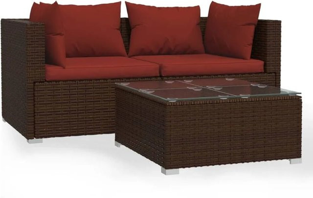 vidaXL 3-tlg Garten-Lounge-Set in L-Form aus Poly Rattan mit Kissen und Couchtisch, Braun/Rot - Bild 1