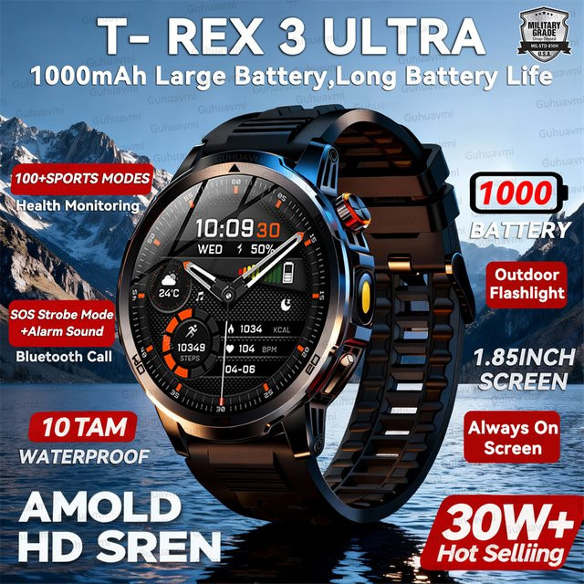 GUHUAVMI Military T-Rex 3 Smartwatch für Männer mit AMOLED Bildschirm, wasserdicht und integrierter Taschenlampe, Farbe: Schwarz - Bild 1