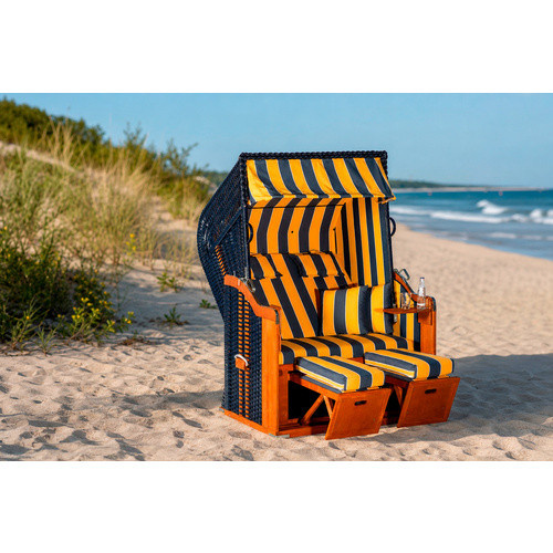 SUNNY SMART Strandkorb Rustikal 250 Plus 2-Sitzer Halbliege-Modell aus Kiefer und Kunststoffgeflecht in Blau Gelb Orange - Bild 2