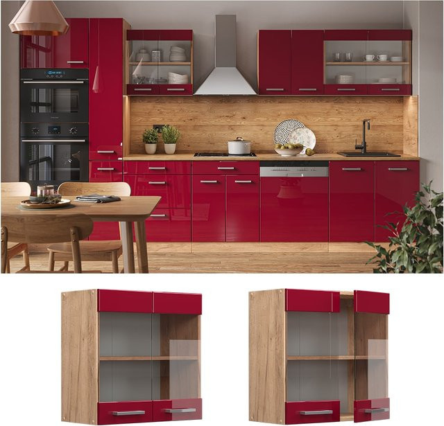 Vicco R-Line Hängeglasschrank Küchenschrank in Eiche und Bordeaux mit Glastüren und Regalfächern, Breite: 60 cm - Bild 1