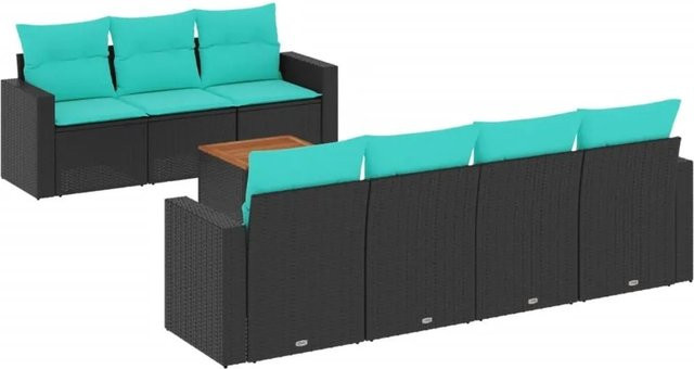 vidaXL 8-teilige Garten-Sofagarnitur aus Poly-Rattan und Akazienholz in Schwarz mit blauen Kissen - Bild 1