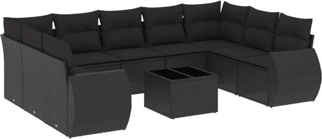 vidaXL 10-teilige Garten-Sofagarnitur in L-Form aus Poly-Rattan mit Kissen in Schwarz - Bild 1
