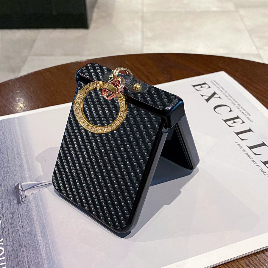 Motorola Moto Razr 50 60 70 U Handyhülle aus Carbon-Faser-Leder mit Diamant-beschichteter Ringschnalle in Schwarz - Bild 5