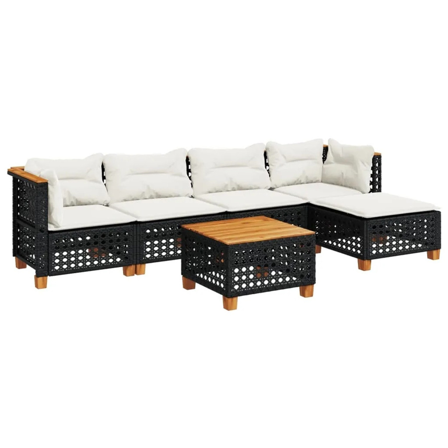 vidaXL 6-teilige Garten-Sofagarnitur aus Poly-Rattan und Akazienholz in Schwarz mit cremeweißen Kissen - Bild 2