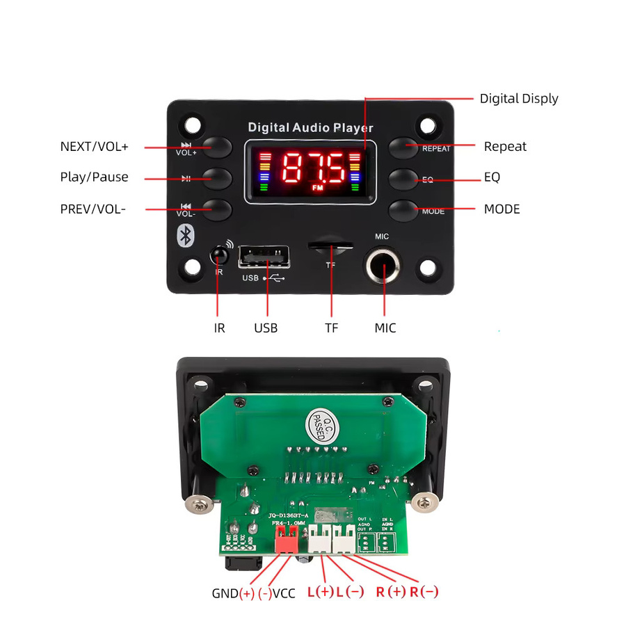 Kebidu 50W Bluetooth MP3 Decoder Board mit FM Radio, USB, TF und Mikrofon für Auto Lautsprecher, Schwarz - Bild 5