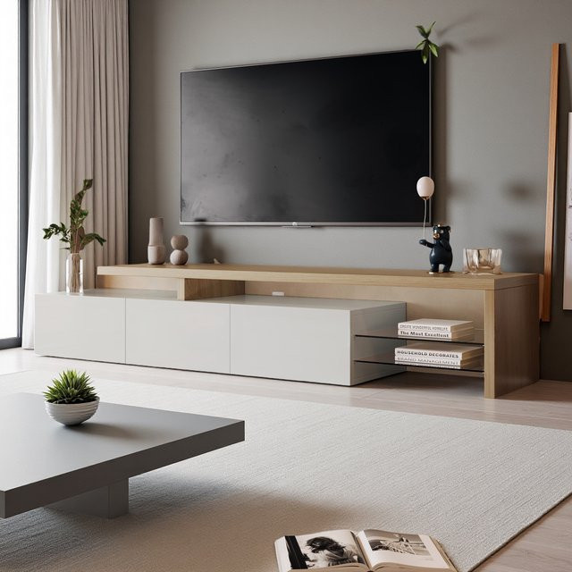 Comanlai TV-Ständer in Weiß mit Glasablage und 3 Türen, modernes Wohnzimmer-TV-Sideboard für Fernseher bis zu 85 Zoll - Bild 1