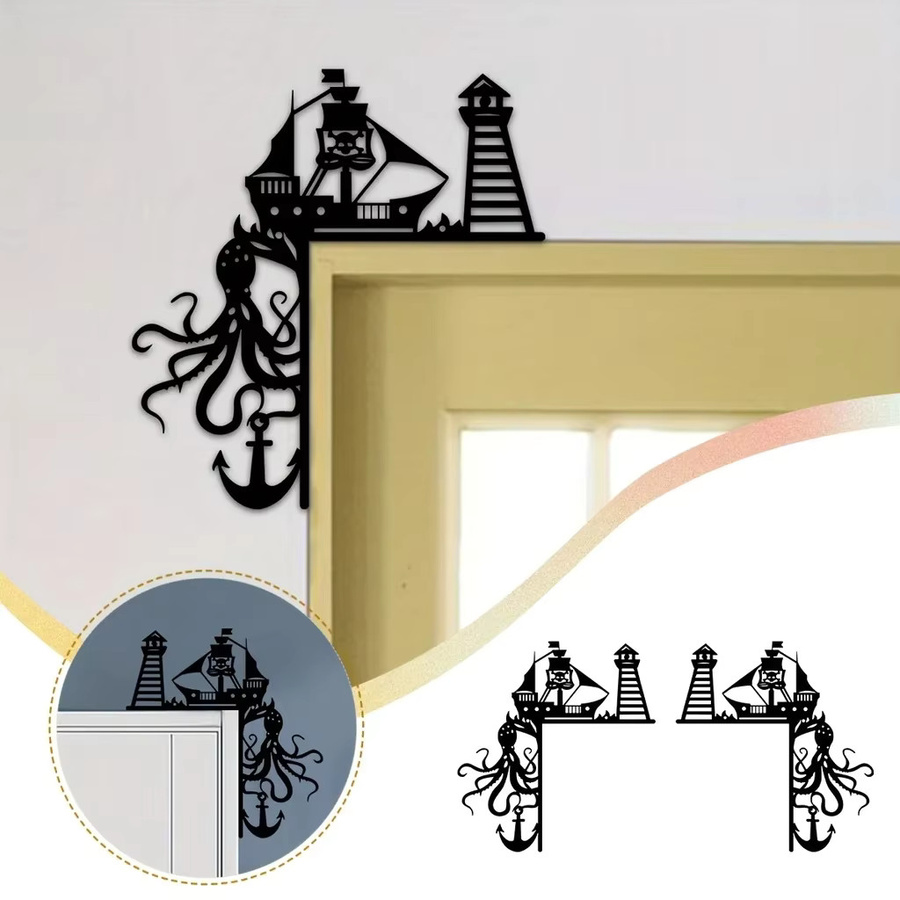 CIFBUY Maritime Wanddekoration mit Leuchtturm, Schiff und Tintenfisch in Schwarz als Aufkleber für Türrahmen und Ecken - Bild 3