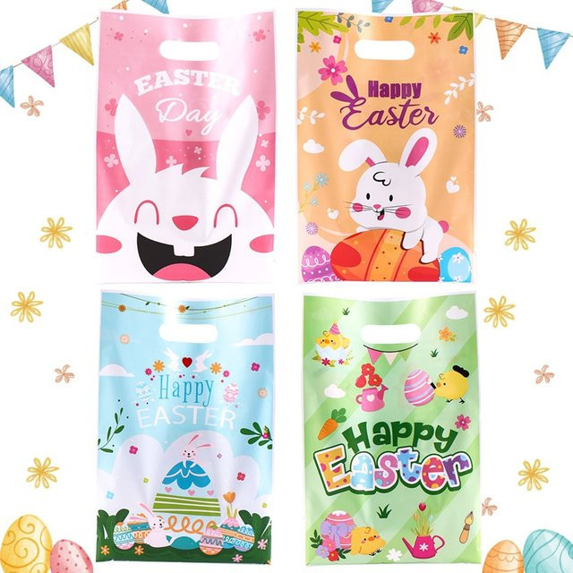 Bunte Oster-Geschenktüten aus Kunststoff mit Osterhase- und Ei-Motiven für die Eiersuche und Osterpartys, Mehrfarbig - Bild 1