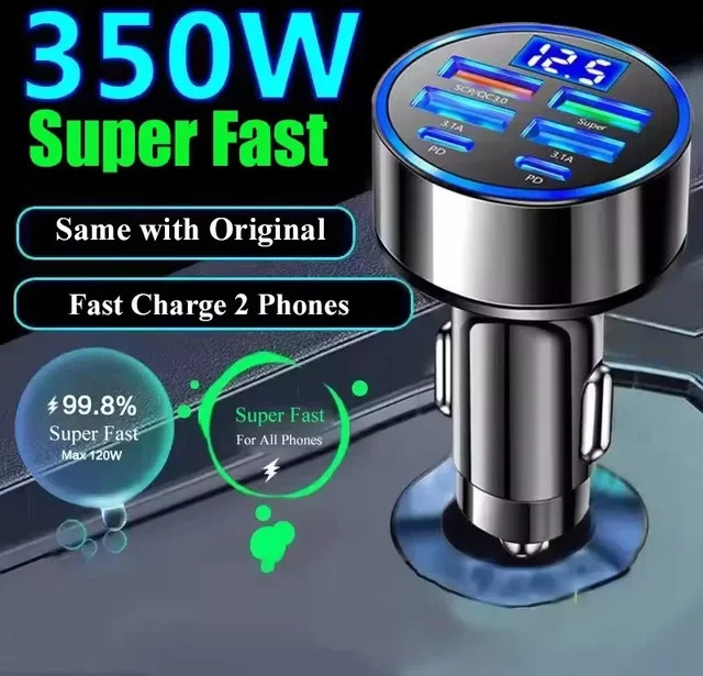 350W Schnellladegerät für das Auto mit 6 Anschlüssen inklusive PD QC3.0 USB-C Adapter für iPhone Samsung Xiaomi Huawei - Bild 1