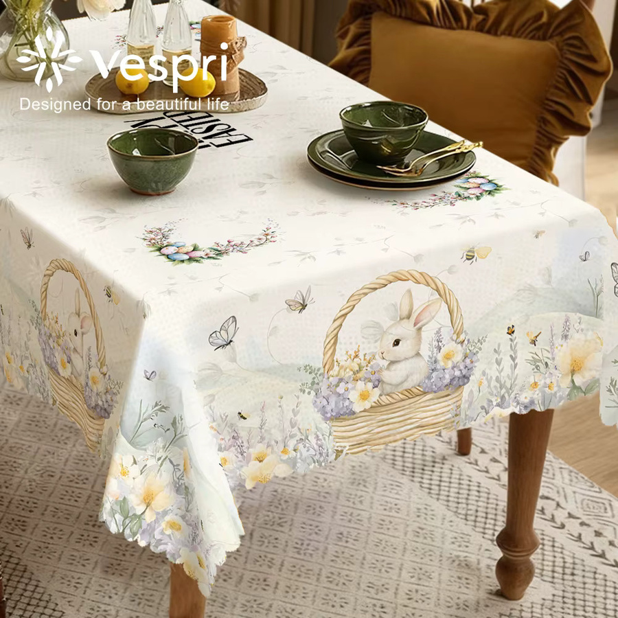 Vespri Oster-Tischdecke mit Blumen, Hasen und Schmetterlingen in Weiß und Hellgrün aus Polyester - Bild 4