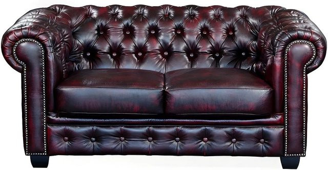 Vente-unique Chesterfield Sofa Brenton in Bordeaux Rot mit Lederbezug und Punksteppung, Breite: 160 cm - Bild 1