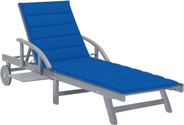 vidaXL Sonnenliege aus Akazien-Massivholz mit Auflage und Rollen in Grau oder Blau - Bild 1