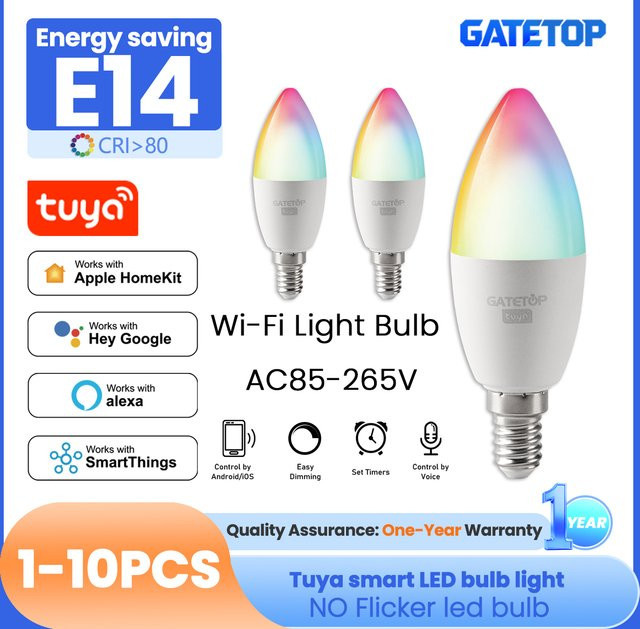Tuya Smart LED Kerzenlampe E14 WiFi RGBW mit App- und Sprachsteuerung für Alexa und Google Home, 6W - Bild 1