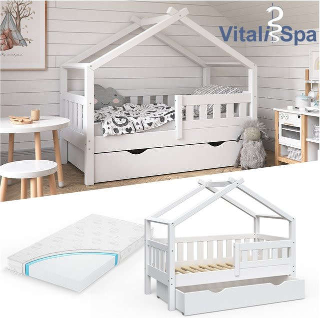 VitaliSpa Design Kinderbett aus Massivholz in Weiß mit Schublade, Lattenrost und Matratze, B/T: 140 x 70 cm - Bild 1