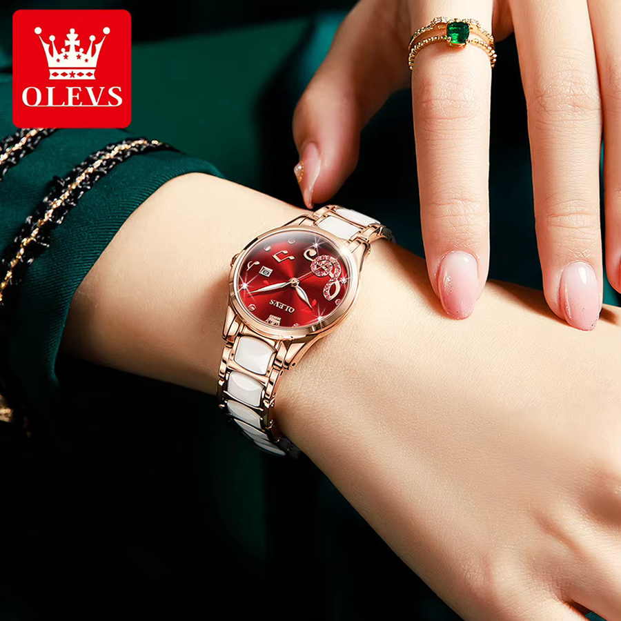 OLEVS Armbanduhr, Keramik, Quarz, Diamantbesetzt, Damen, Roségold - Bild 2