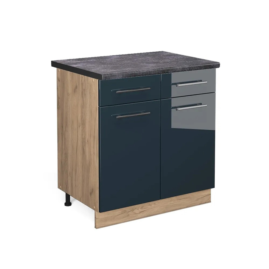 Vicco Küchenunterschrank Fame-Line in Dunkelblau Hochglanz und Eiche mit Arbeitsplatte in Anthrazit, Breite: 80 cm - Bild 2