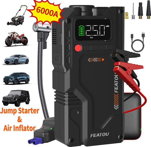 FEATOU Tragbarer Auto-Starthilfe mit Luftkompressor und 6000 A Peak, Schwarz - Bild 1